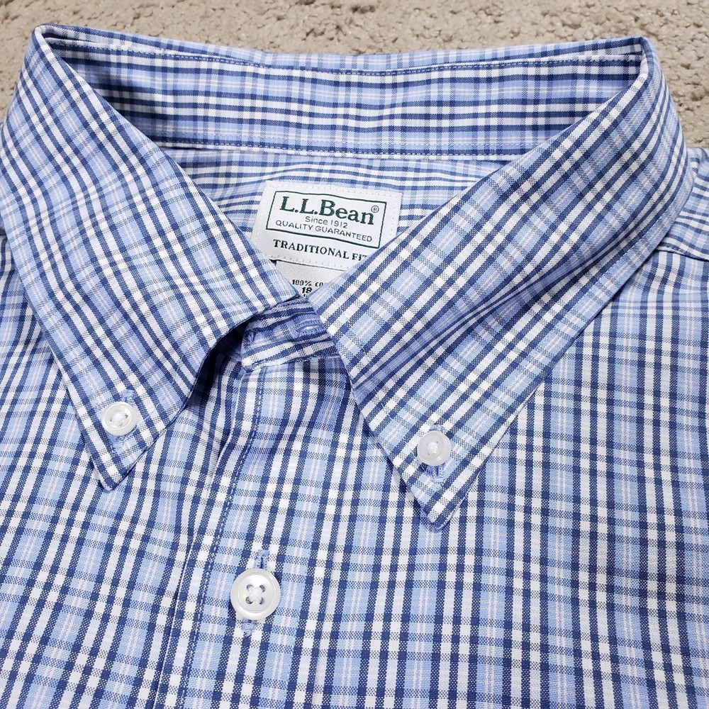 LL Bean Shirt Mens 2XL 18 35 Blue Plaid Oxford Cloth OCBD Traditional Fit Casual